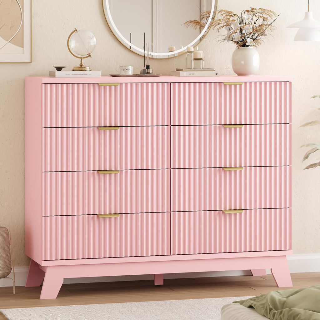 Fluted Dresser for Bedroom with 9 Drawers, 57" Wide Modern Chest of Drawers with Metal Handle, Wooden Dresser TV Stand, Wood Closet Clothes Storage Organizer for Living Room, Hallway, Natural Oak