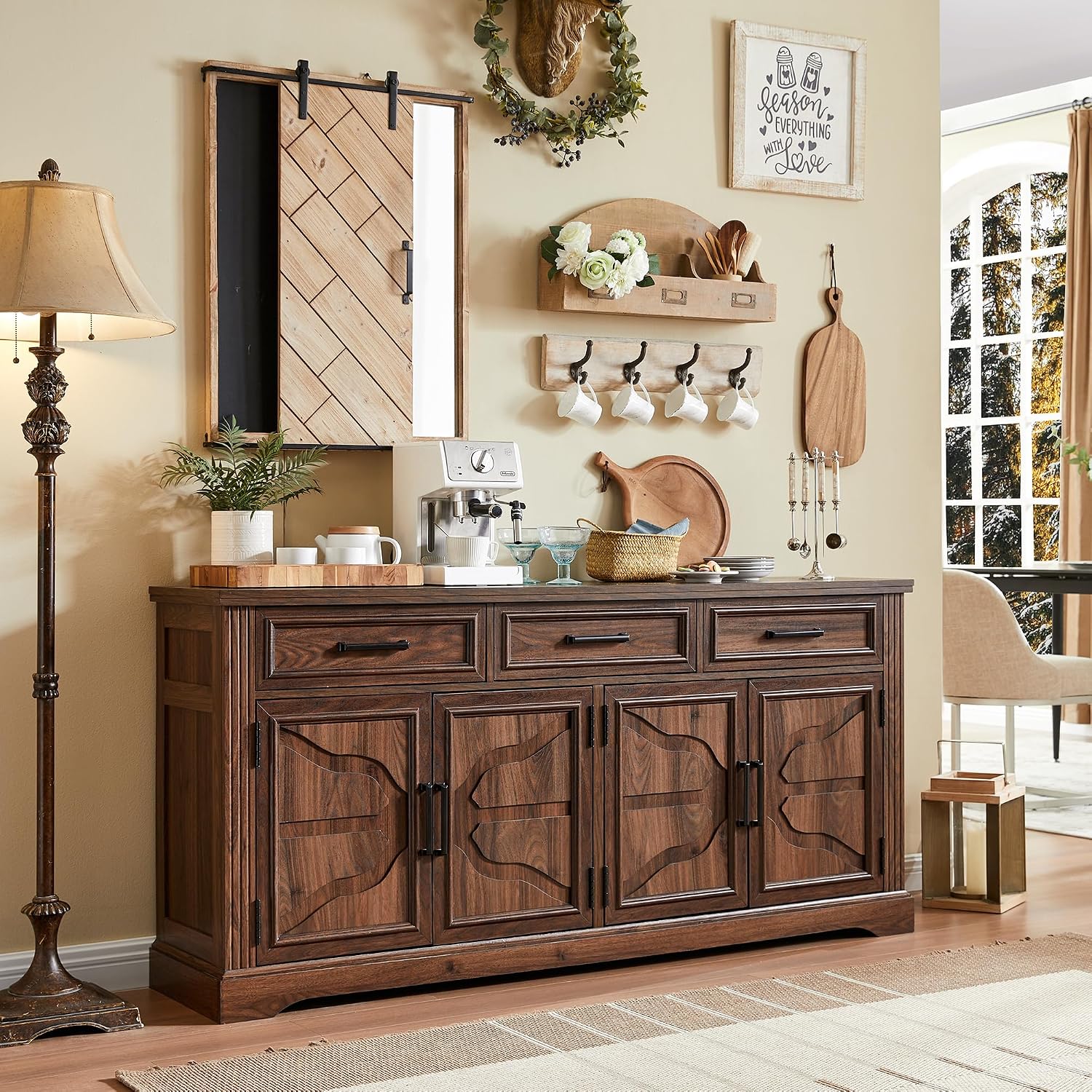 66" Farmhouse Buffet Cabinet with Storage, Sideboard Credenza, Carved Cloud Inspired Doors, 3 Drawers & Adjustable Shelves, Coffee Bar Cabinet, Off White