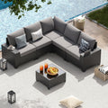 13 PCS Patio Furniture Set with 44'' Fire Pit Table, Outdoor Sectional All Weather Wicker Conversation Set with Swivel Rocker Chairs, 4'' Thick Cushions for Backyard Poolside(Navy/Grey)