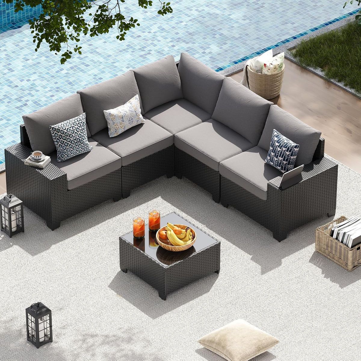 13 PCS Patio Furniture Set with 44'' Fire Pit Table, Outdoor Sectional All Weather Wicker Conversation Set with Swivel Rocker Chairs, 4'' Thick Cushions for Backyard Poolside(Navy/Grey)