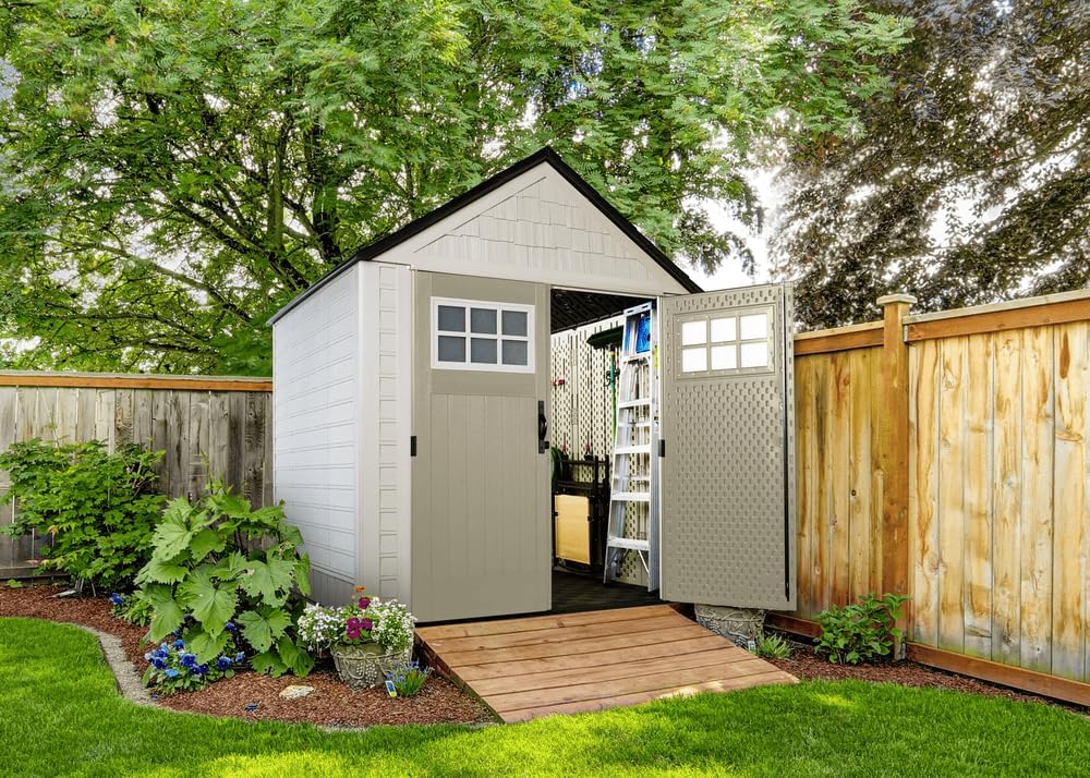 7 x 7 Ft Resin Outdoor Storage Shed with Floor, Weather Resistant, Gray