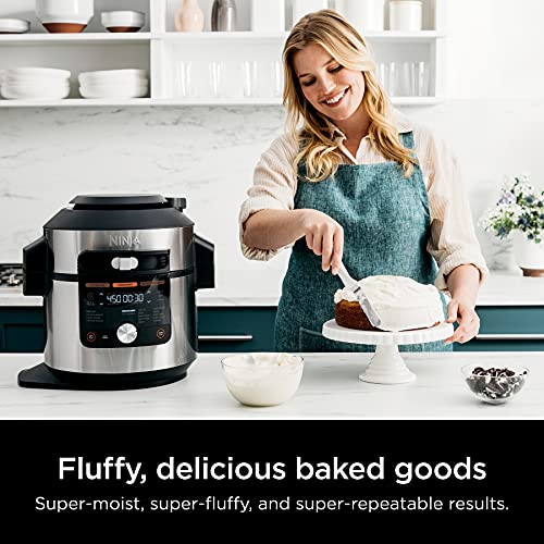 14-in-1 8-Qt. Pressure Cooker and Steam Fryer with Thermometer, Auto Steam Release, 3-Layer Capacity and 5-Qt. Crisp Basket, Silver/Black