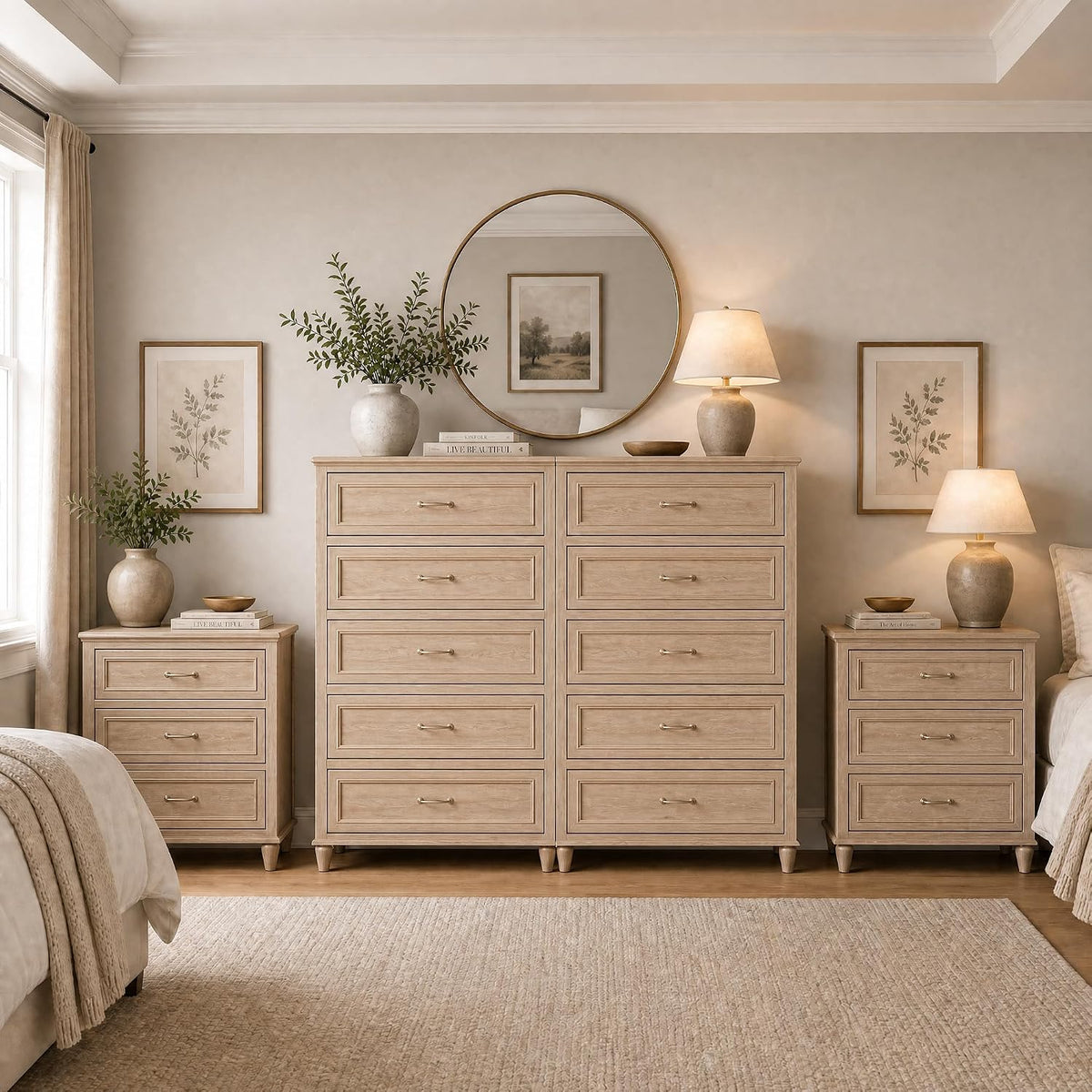 4 Piece Bedroom Furniture Set, Modern Nightstand Collection with Matching 3 Drawer, 5 Drawer & 6 Drawer Bedside Tables, Wood Storage Nightstands with Metal Handles,Black Grey