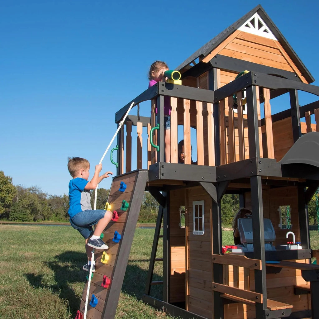 Cedar Wood Backyard Swing Set with Wave Slide, Clubhouse, Play Kitchen, Picnic Area, Rock Wall and Swings