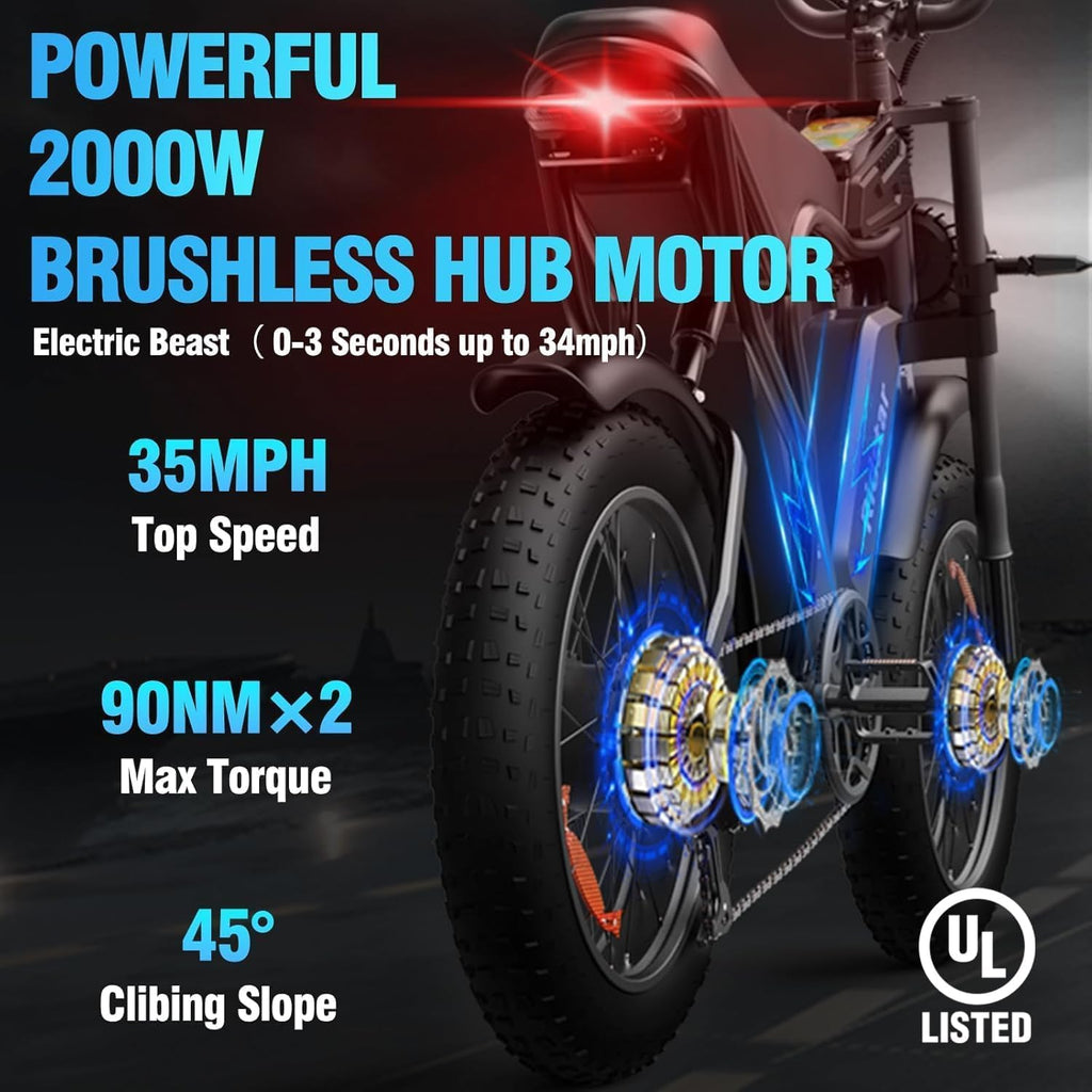 2000W 52V All-Terrain Fat Tire Electric Bike for Adults, 30-180 Mile Range