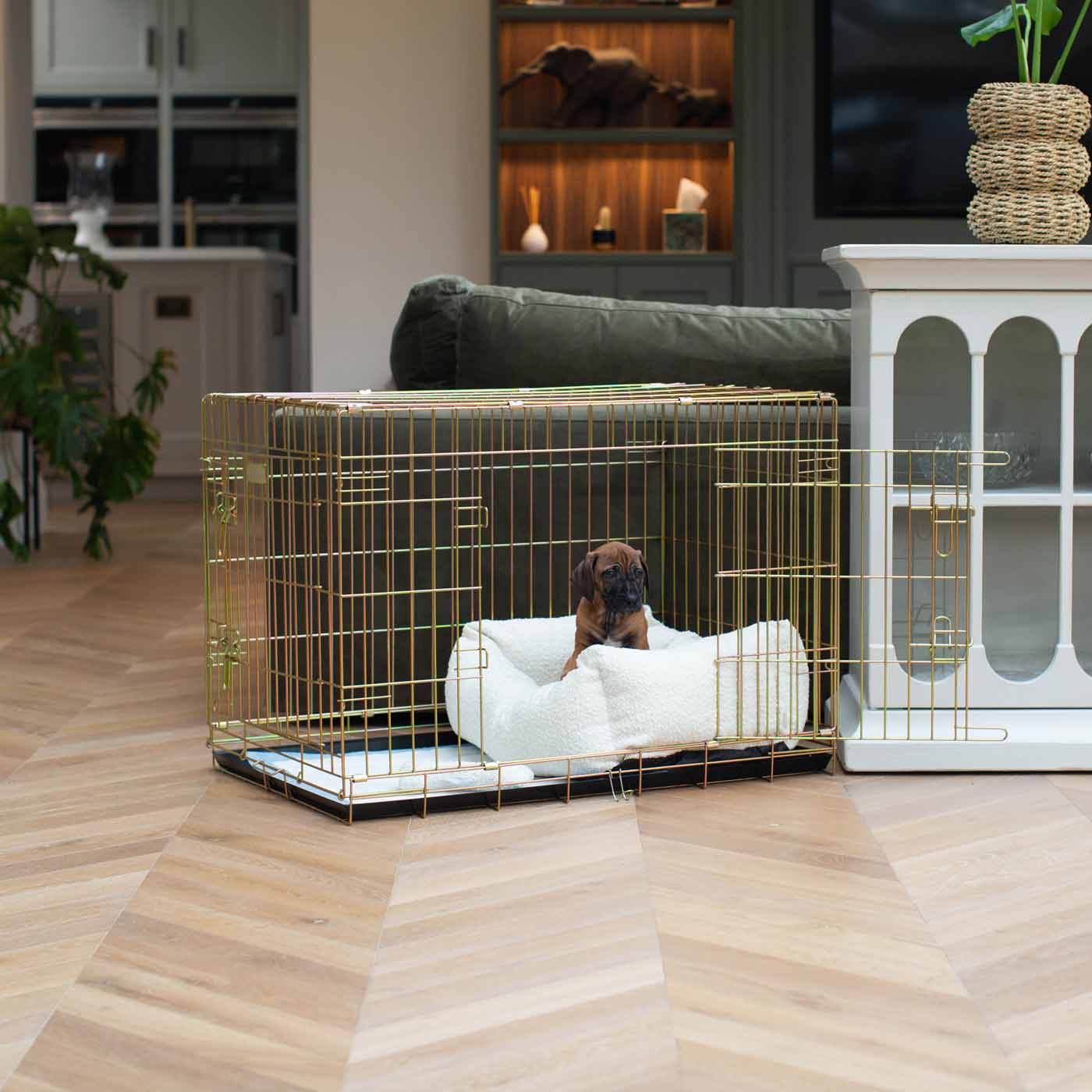Cozy & Calming Puppy Cage Bed In Ivory Bouclé