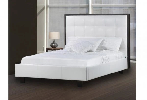 R163 Grid Tufted Upholstered Platform Bed with Espresso Wood Trim
