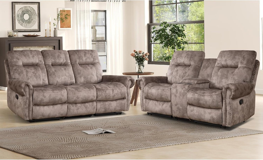 3 Pieces Reclining Couch Furniture Set for Living Room, Double 1 Seat Power Recliner Chair with Massage and Heat, a 3 Seater Manual Sofa, Vintage Rivet Mid Century Design, Grey
