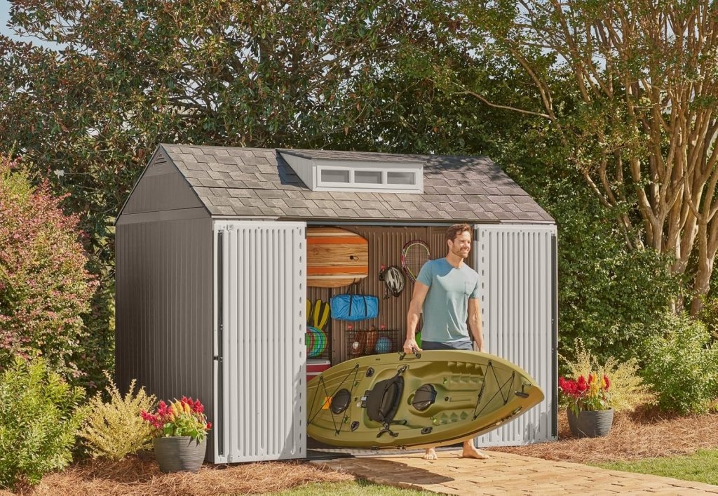 7 x 7 Ft Resin Outdoor Storage Shed with Floor, Weather Resistant, Gray