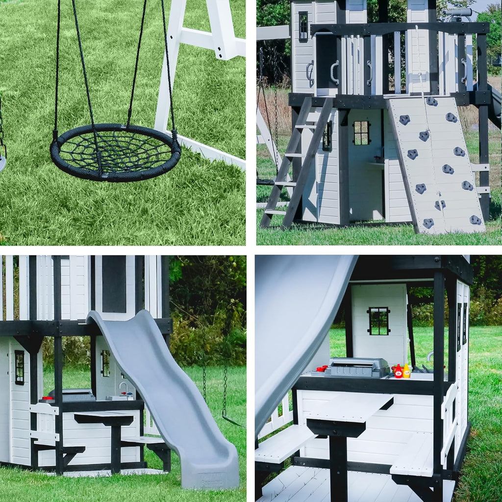 Cedar Wood Backyard Swing Set with Wave Slide, Clubhouse, Play Kitchen, Picnic Area, Rock Wall and Swings
