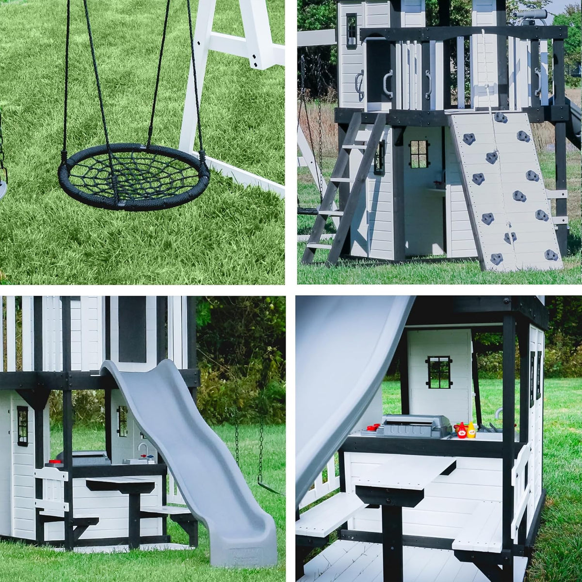 Cedar Wood Backyard Swing Set with Wave Slide, Clubhouse, Play Kitchen, Picnic Area, Rock Wall and Swings