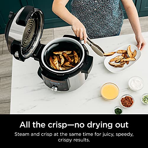 14-in-1 8-Qt. Pressure Cooker and Steam Fryer with Thermometer, Auto Steam Release, 3-Layer Capacity and 5-Qt. Crisp Basket, Silver/Black