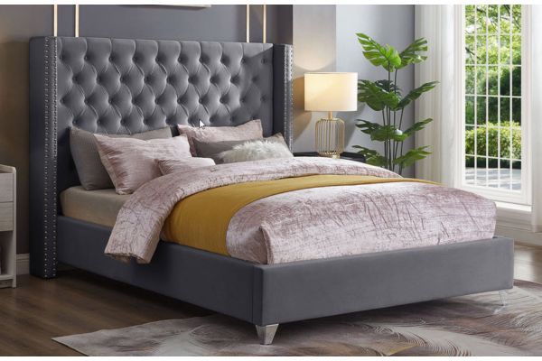 T2380G Grey Velvet Wingback Platform Bed with Nailhead Trim