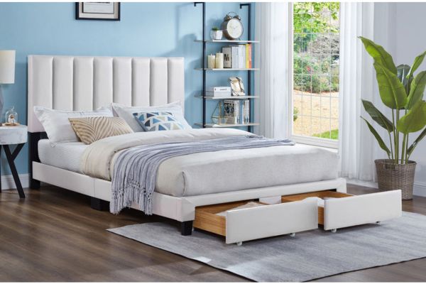 T2120W White Leatherette Storage Platform Bed with Footboard Drawers