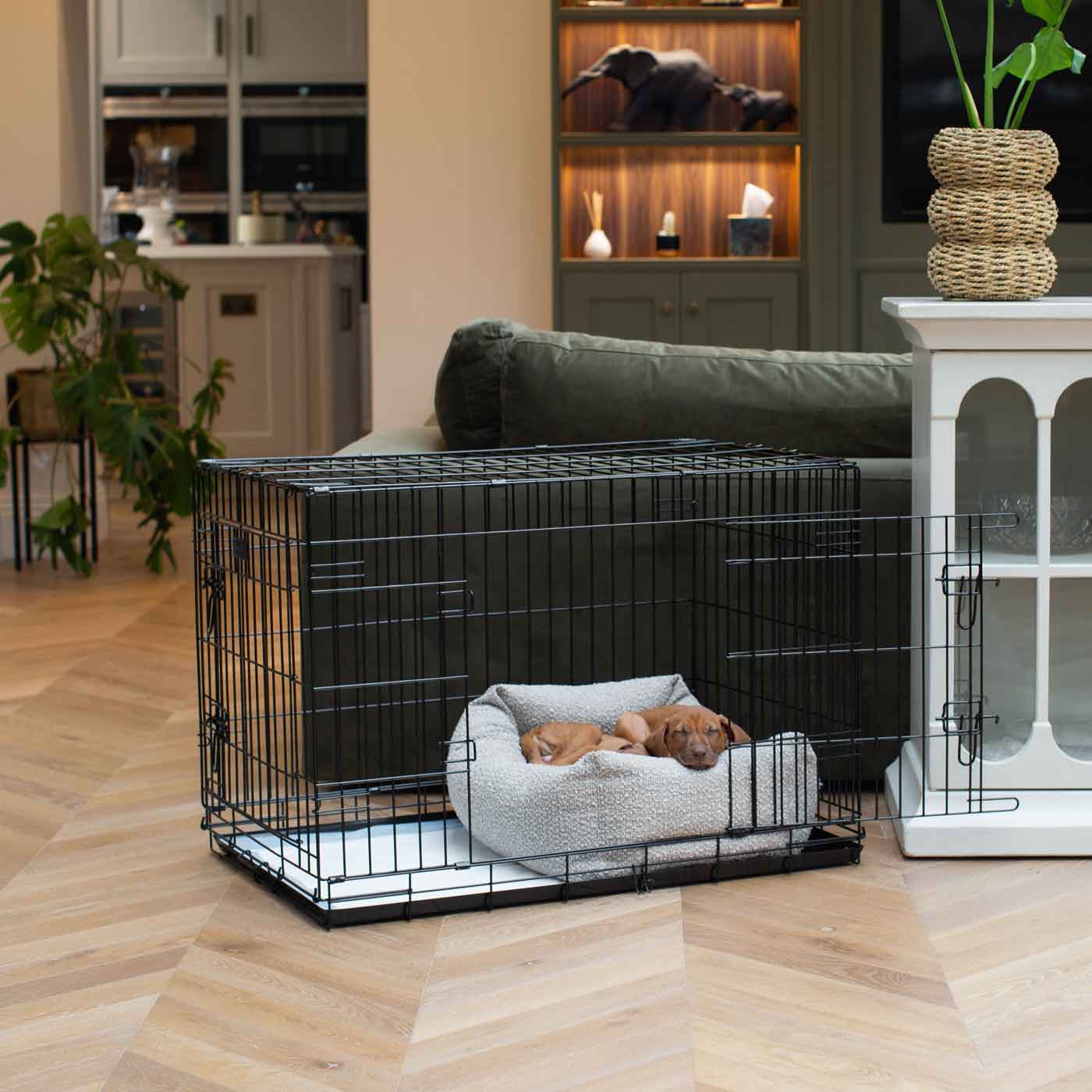Cozy & Calming Puppy Cage Bed In Mink Bouclé