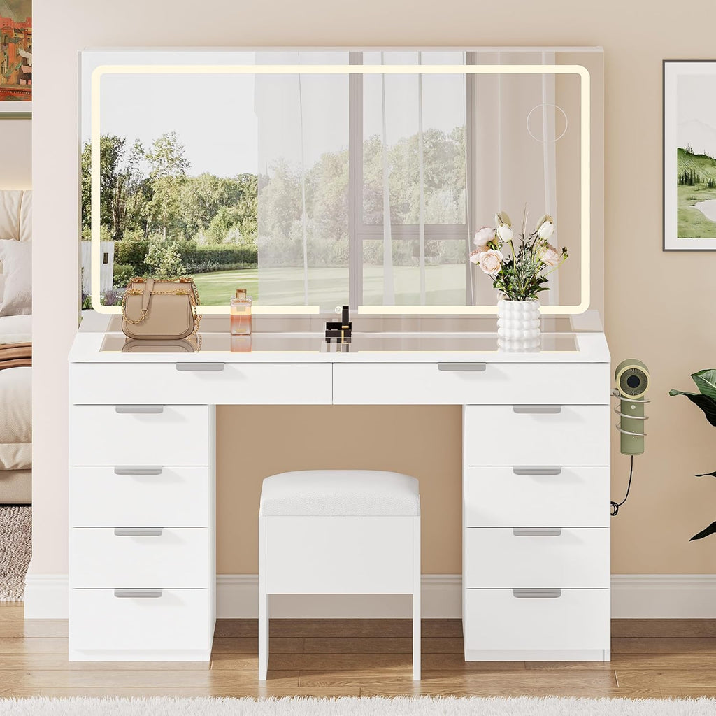 Vanity Set with LED Mirror, 10 Drawers and Stool