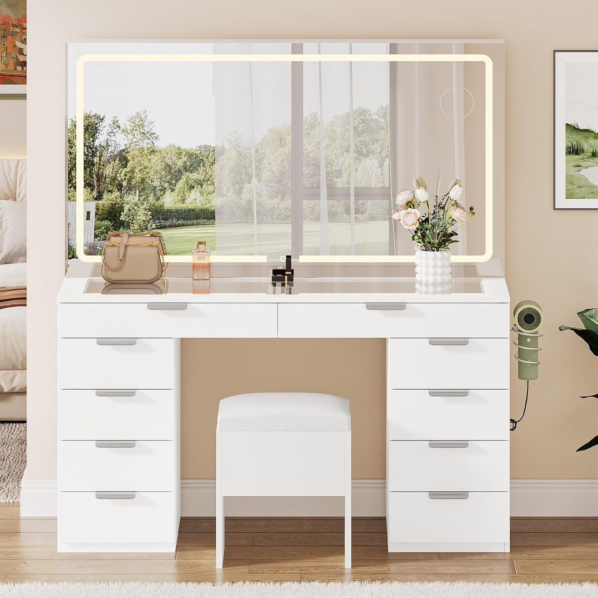 Vanity Set with LED Mirror, 10 Drawers and Stool