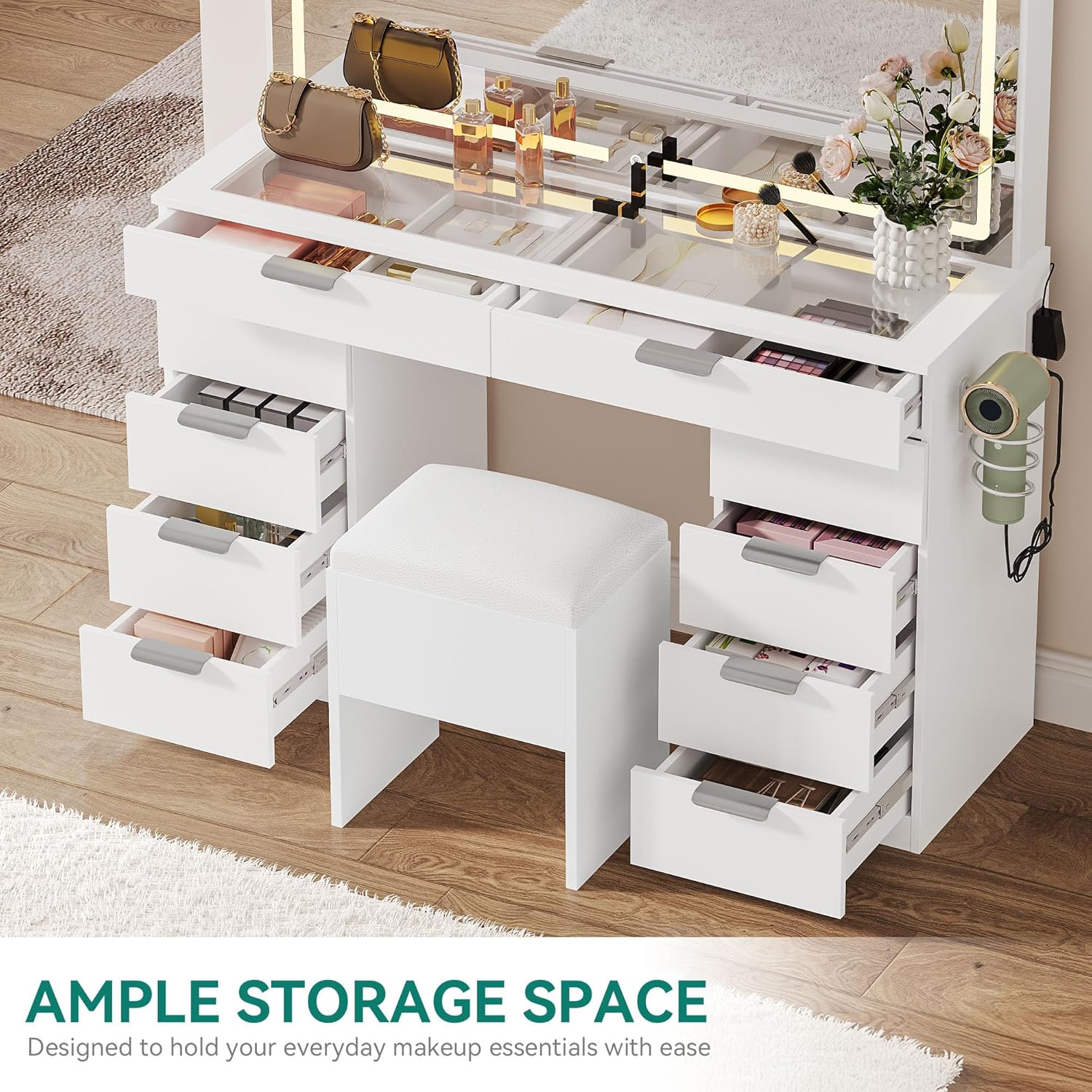 Vanity Set with LED Mirror, 10 Drawers and Stool