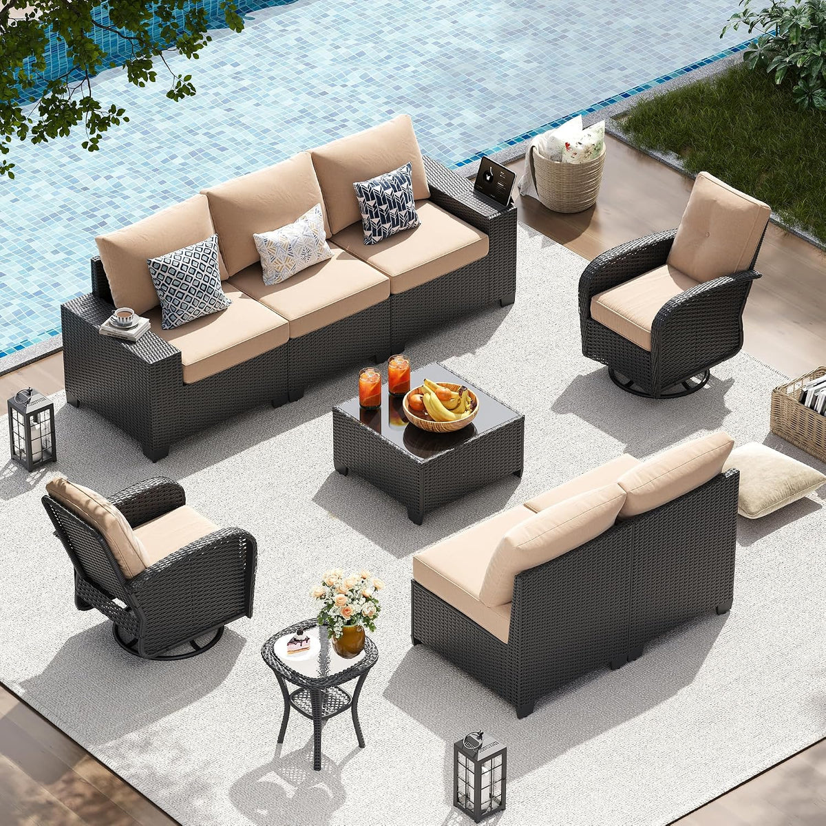 13 PCS Patio Furniture Set with 44'' Fire Pit Table, Outdoor Sectional All Weather Wicker Conversation Set with Swivel Rocker Chairs, 4'' Thick Cushions for Backyard Poolside(Navy/Grey)