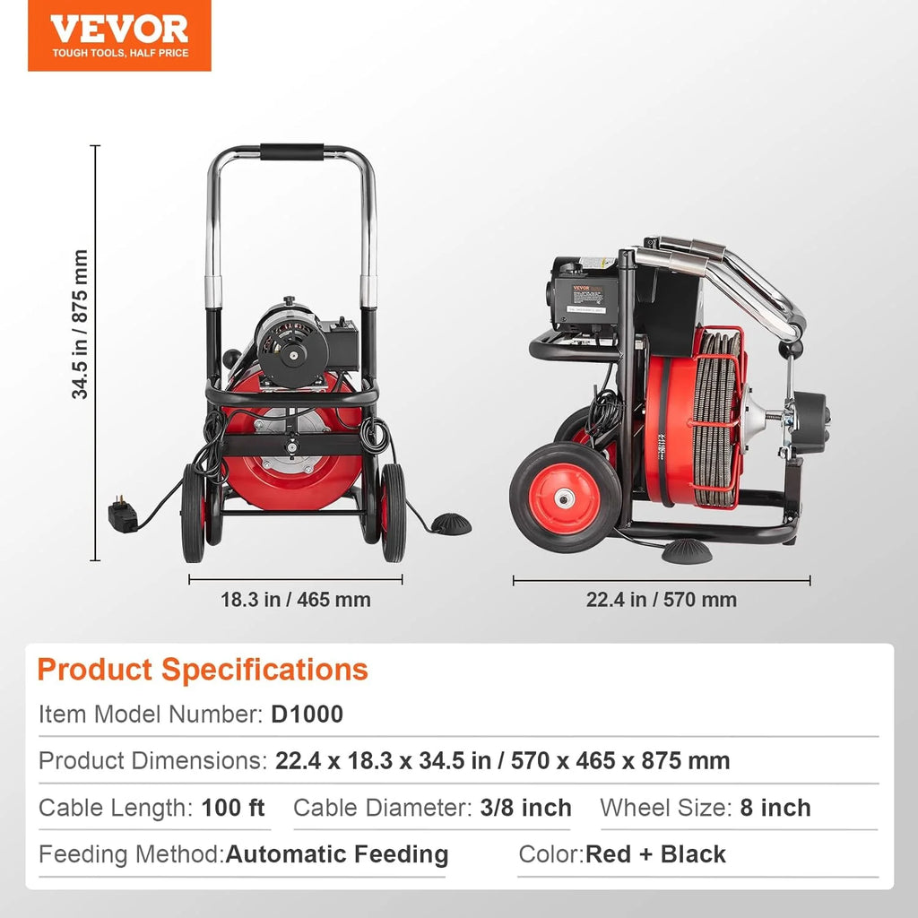 Drain Cleaner Machine 100FT x 1/2 Inch, Auto Feed Sewer Snake Auger on Wheels, 550W Portable Drain Cleaning Machine with 8 Cutters & Air-activated Foot Switch for 2" to 4" Pipes