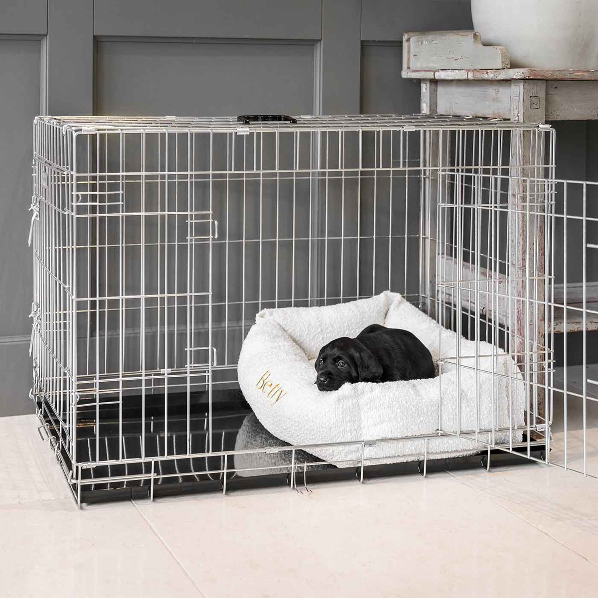 Cozy & Calming Puppy Cage Bed In Ivory Bouclé