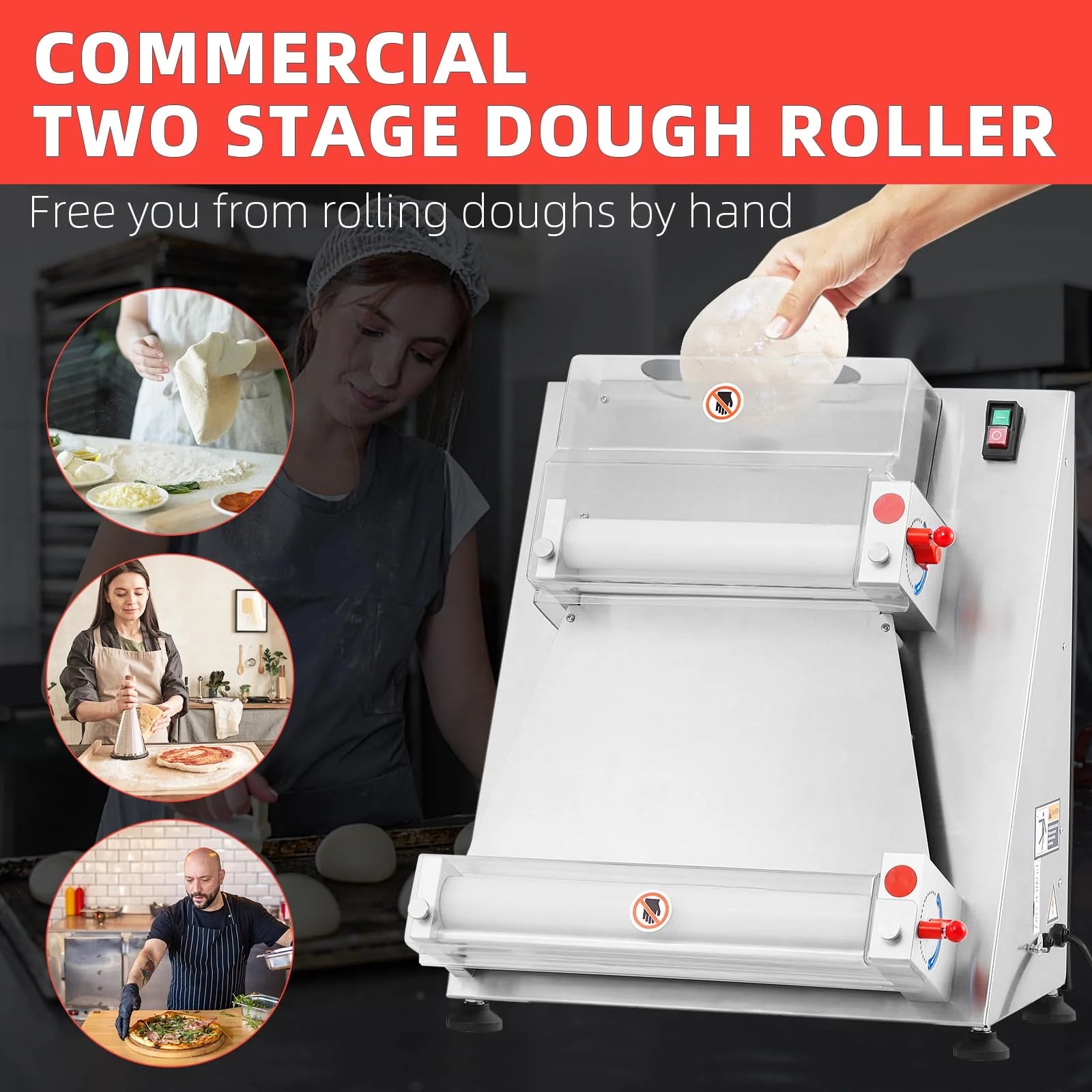Commercial Pizza Dough Roller Sheeter, 16-Inch Automatic Electric Dough Sheeter with 370W Motor, Stainless Steel Dough Roller for Pizza, Noodles, Bread and Pasta