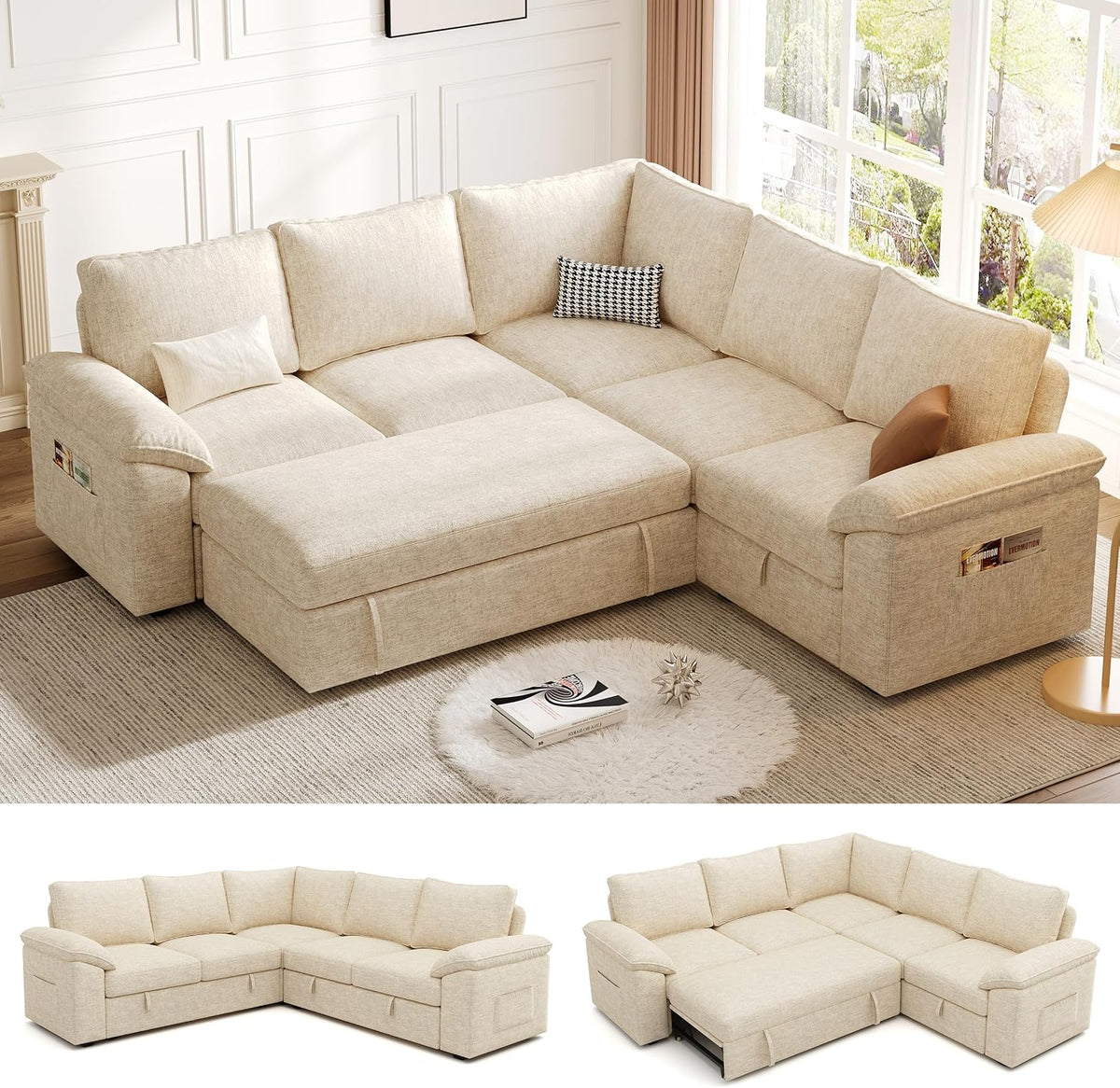 106'' Modular Sectional Sofa with Pull Out Bed, Sleeper Sofa, Dark Gray