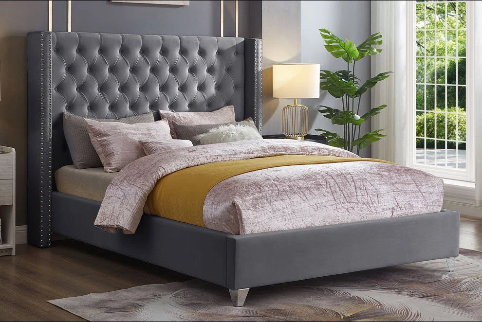 589X Velvet Wingback Platform Bed with Chrome Nailheads