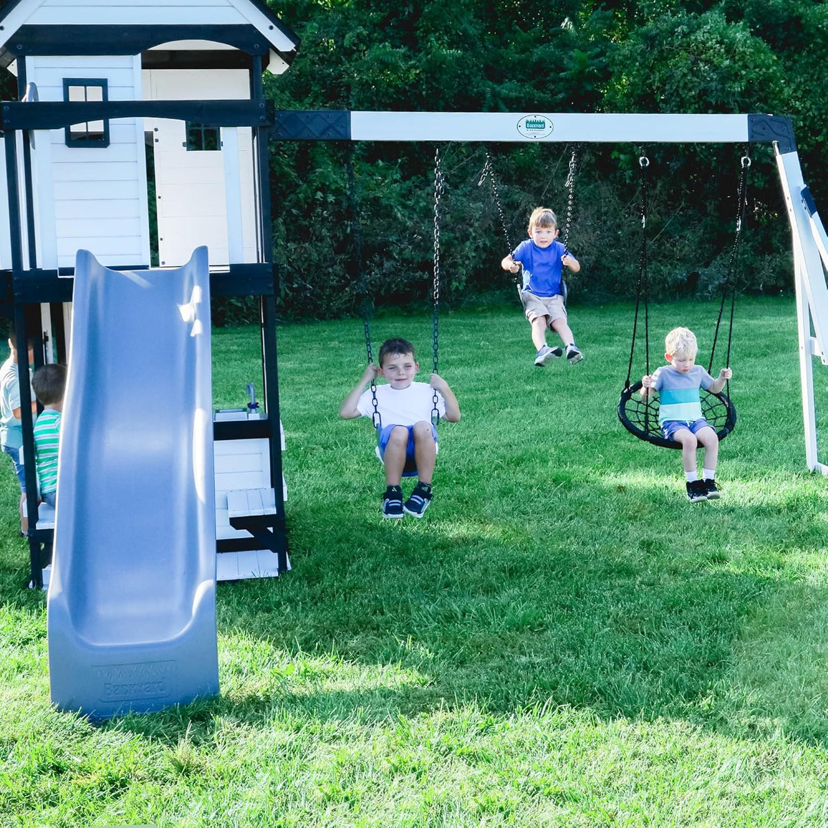 Cedar Wood Backyard Swing Set with Wave Slide, Clubhouse, Play Kitchen, Picnic Area, Rock Wall and Swings