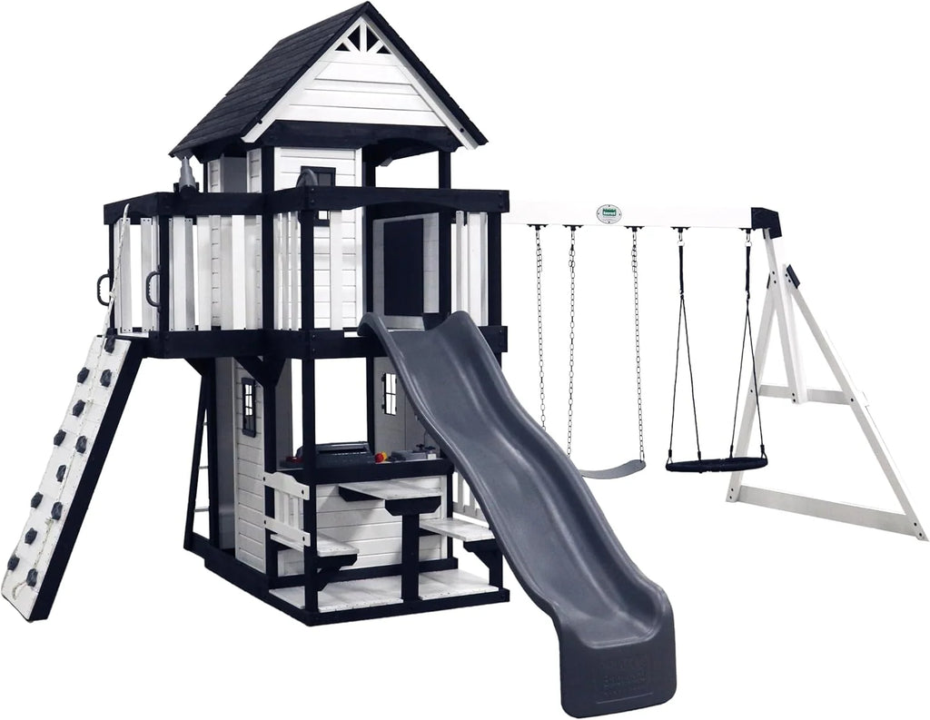 Cedar Wood Backyard Swing Set with Wave Slide, Clubhouse, Play Kitchen, Picnic Area, Rock Wall and Swings