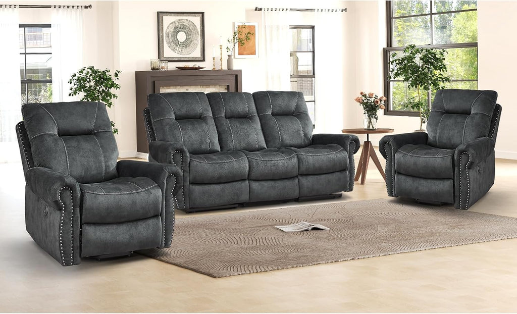 3 Pieces Reclining Couch Furniture Set for Living Room, Double 1 Seat Power Recliner Chair with Massage and Heat, a 3 Seater Manual Sofa, Vintage Rivet Mid Century Design, Grey