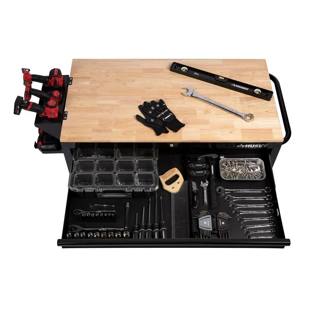 46-Inch W x 24.5-Inch D 9-Drawer Mobile Workbench with Hardwood Top and Power Station, Gloss Black