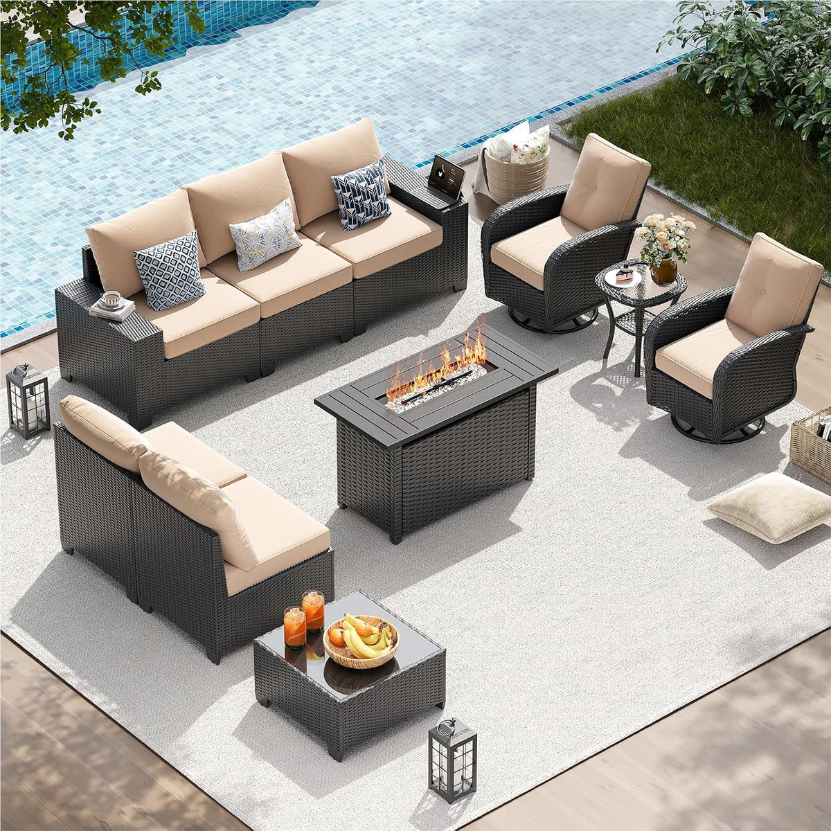 13 PCS Patio Furniture Set with 44'' Fire Pit Table, Outdoor Sectional All Weather Wicker Conversation Set with Swivel Rocker Chairs, 4'' Thick Cushions for Backyard Poolside(Navy/Grey)