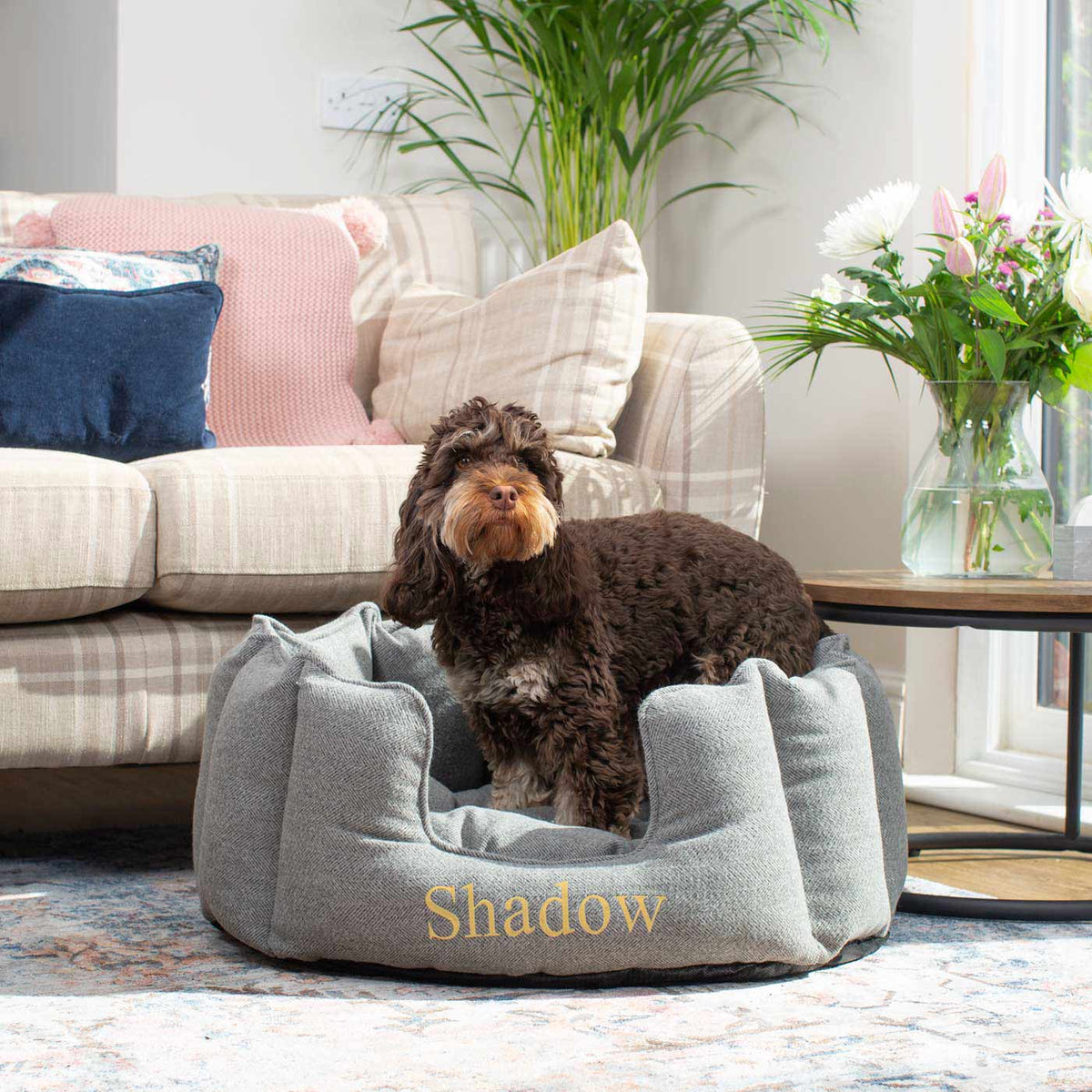 High Wall Bed For Dogs in Herringbone Tweed
