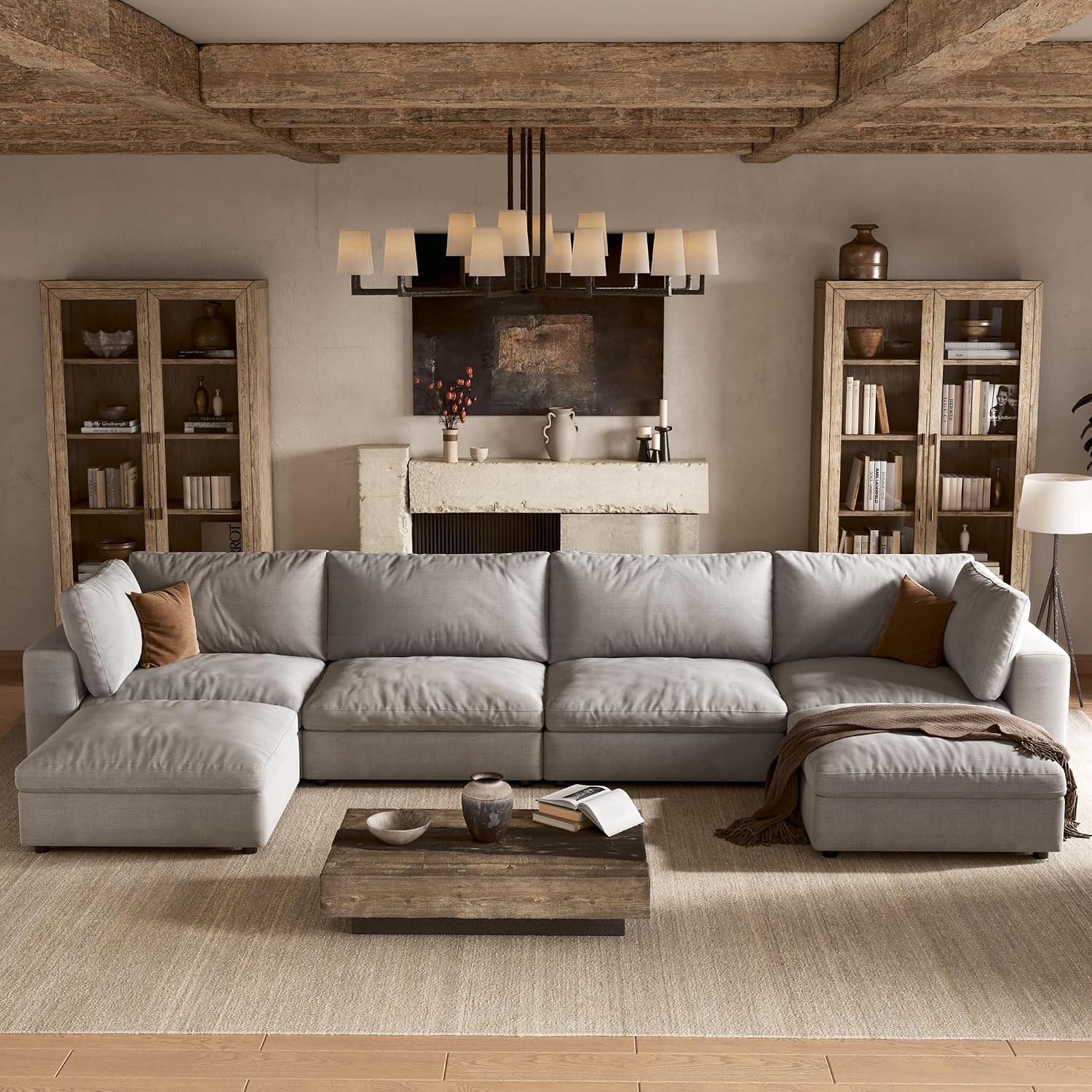 110'' Cloud Sectional Couch with Washable Cover, Deep Seat Modular Sectional Sofa for Living Room, Oversized Sectional Couch with Throw Pillow and Storage Ottoman, 3Seater L Shaped, Off White