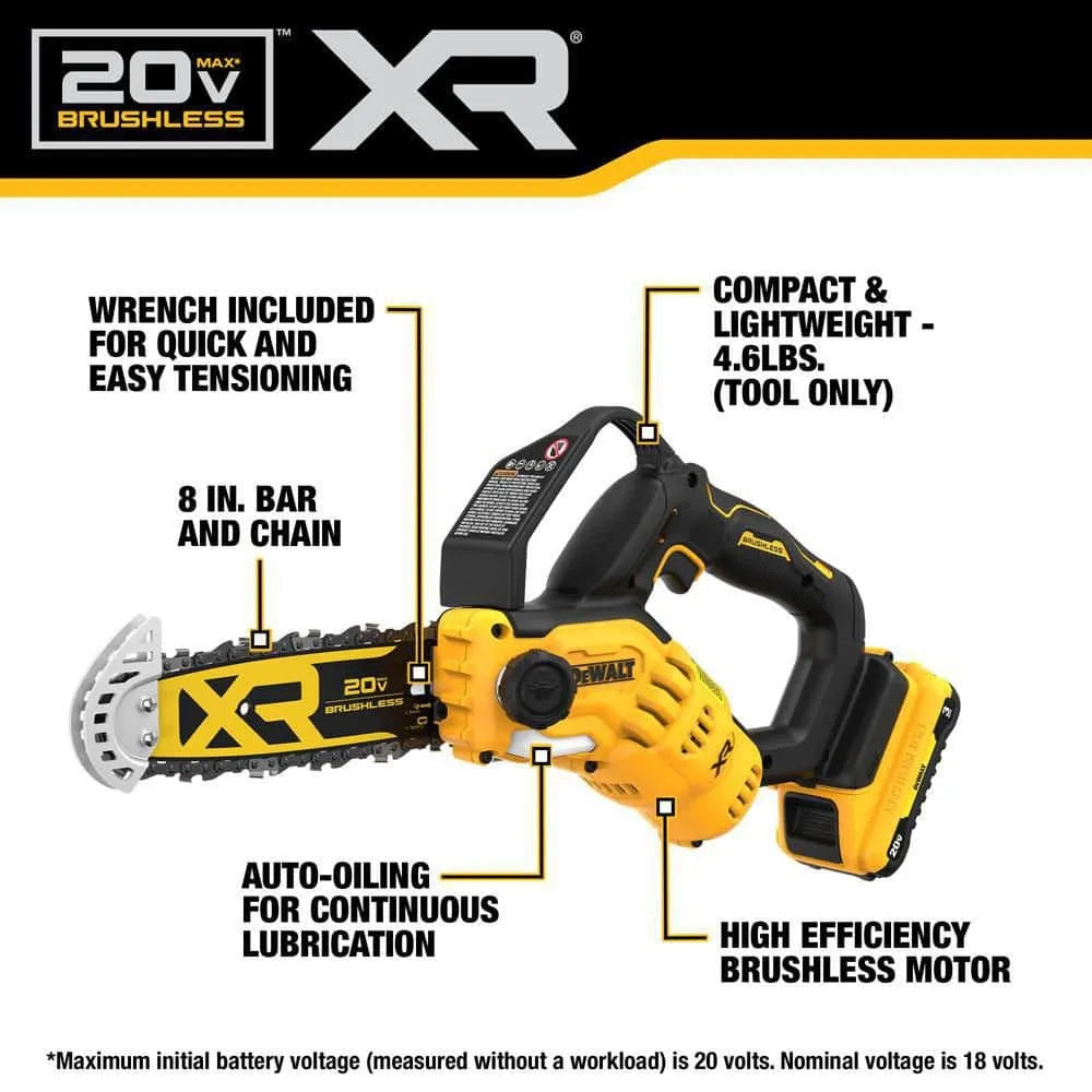 8-Inch 20V Lithium-Ion Cordless Pruning Chainsaw Kit with 3Ah Battery and Charger
