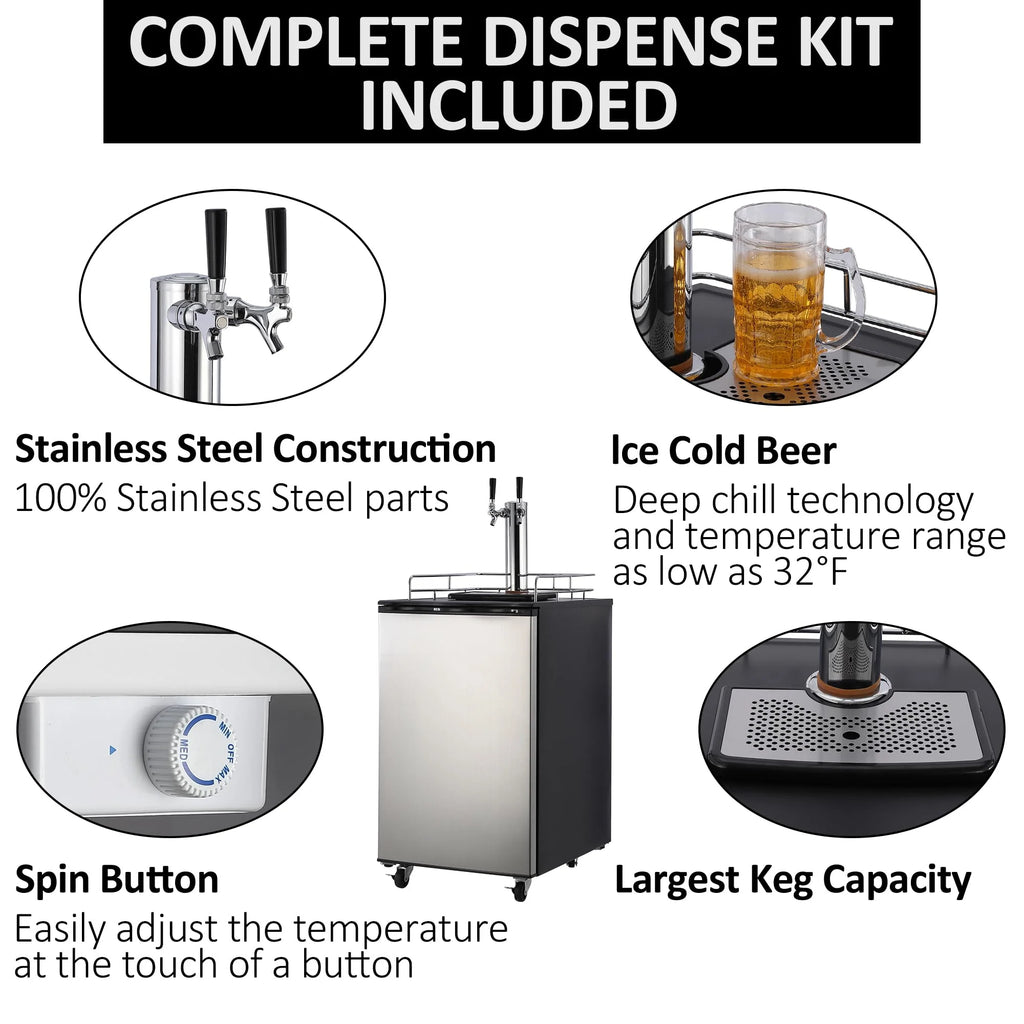 Beer Kegerator, Dual Tap Draft Beer Dispenser, Full Size Stainless Steel Keg Refrigerator With Drip Tray, CO2 Cylinder, 32掳F- 50掳F Temperature Control, 170L