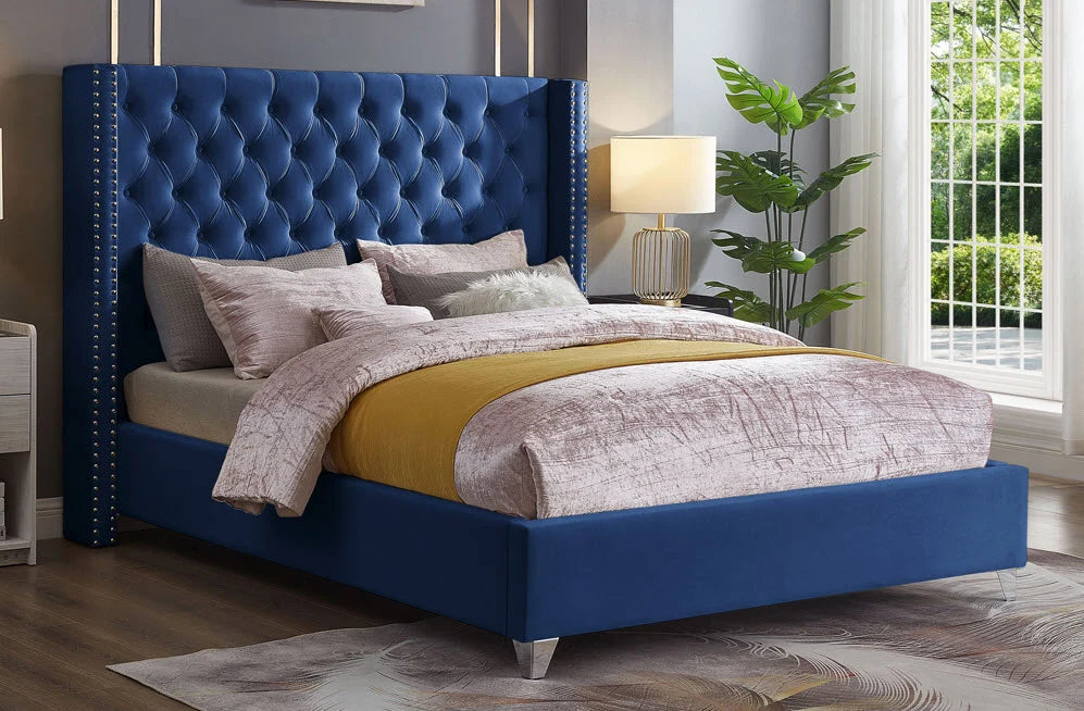 589X Velvet Wingback Platform Bed with Chrome Nailheads