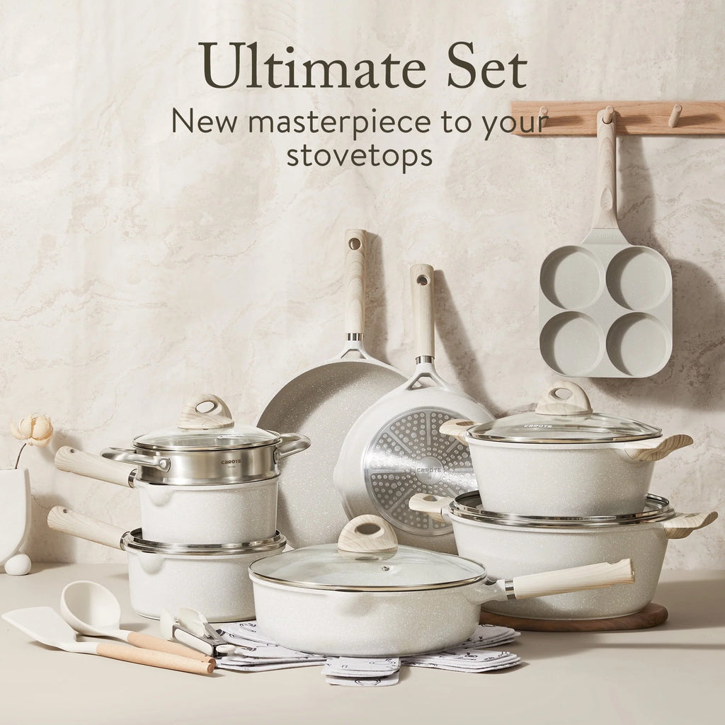 21-Piece Nonstick Pots and Pans Set, Induction Compatible, Beige Granite