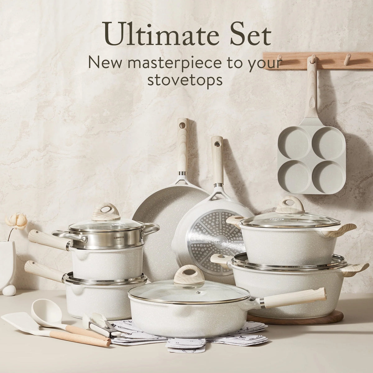 21-Piece Nonstick Pots and Pans Set, Induction Compatible, Beige Granite
