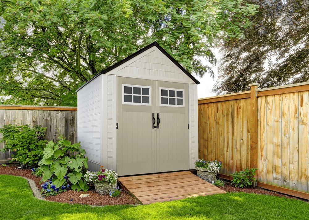 7 x 7 Ft Resin Outdoor Storage Shed with Floor, Weather Resistant, Gray