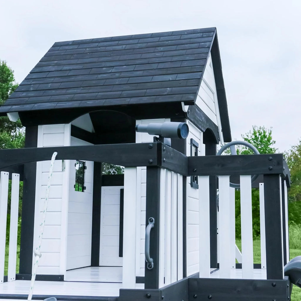 Cedar Wood Backyard Swing Set with Wave Slide, Clubhouse, Play Kitchen, Picnic Area, Rock Wall and Swings