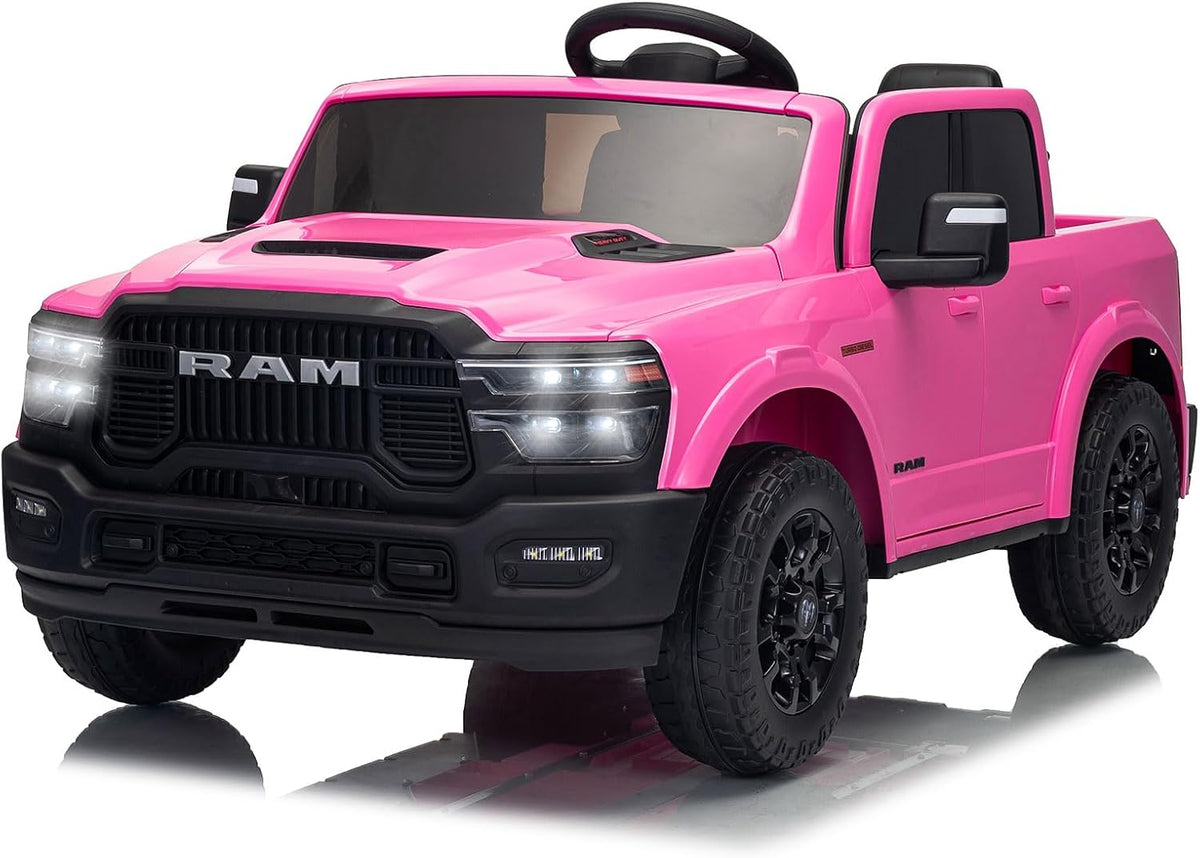 24V Ride on Toys for Big Kids Licensed RAM 2500, 2 Seater Ride on Electric Car Truck with Remote Control, Bluetooth, 4 Wheeler Suspension, Truck Bed Storage, LED Lights, 3 Speeds & Soft Start Pink