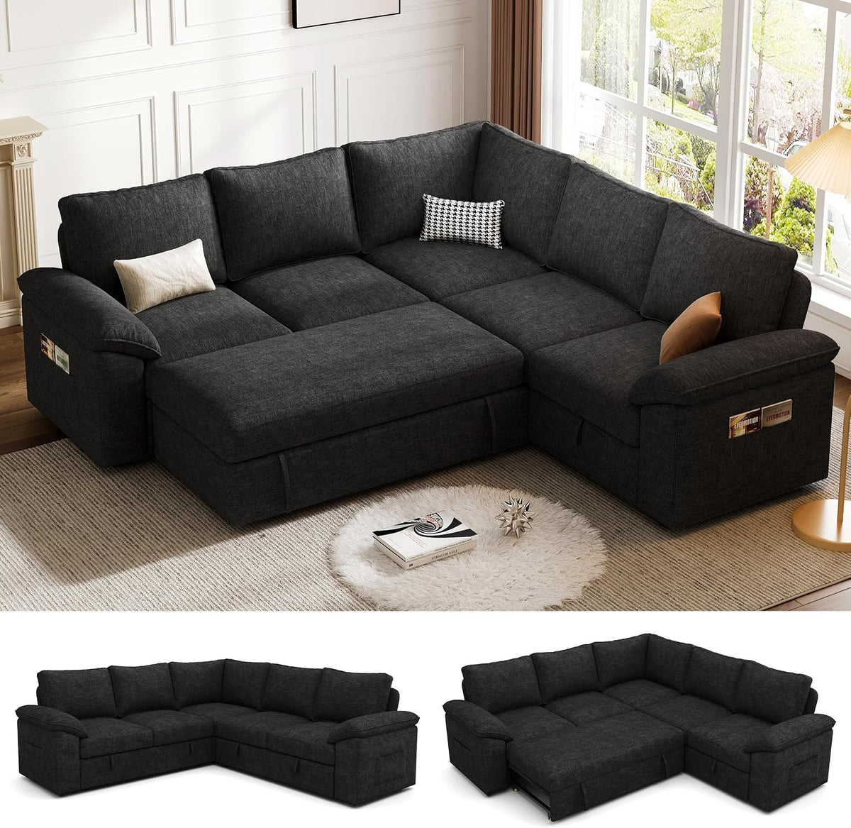 106'' Modular Sectional Sofa with Pull Out Bed, Sleeper Sofa, Dark Gray