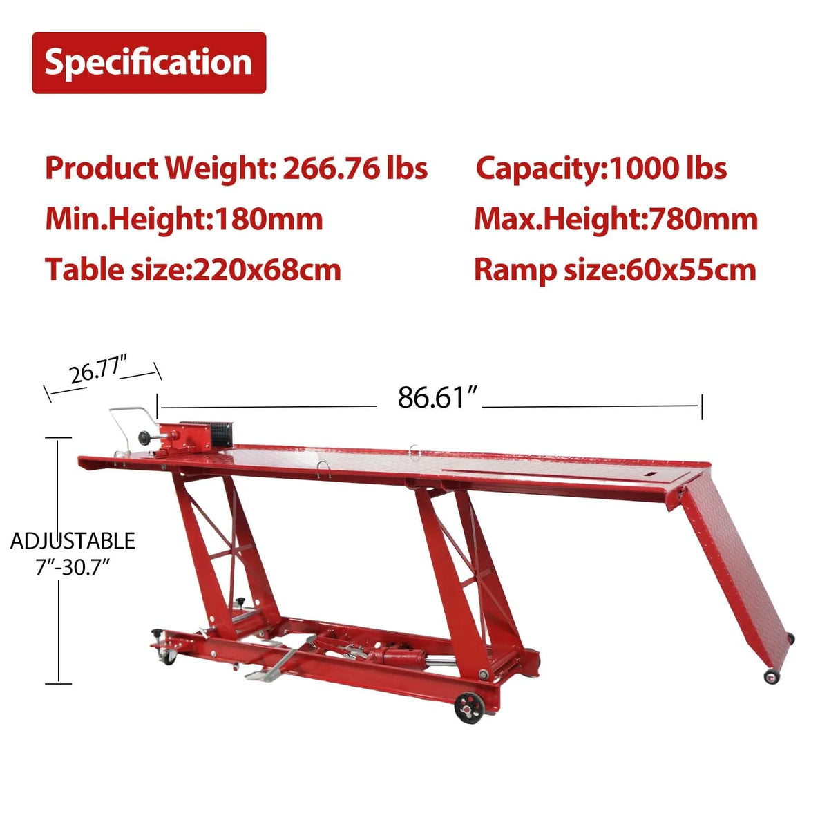 1000-Lb. Hydraulic Motorcycle Lift Hoist with Jack Stand for Mechanics and Workshops