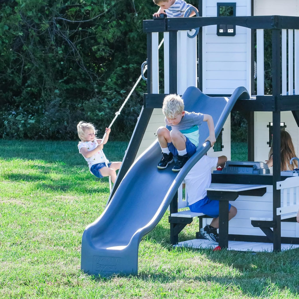 Cedar Wood Backyard Swing Set with Wave Slide, Clubhouse, Play Kitchen, Picnic Area, Rock Wall and Swings