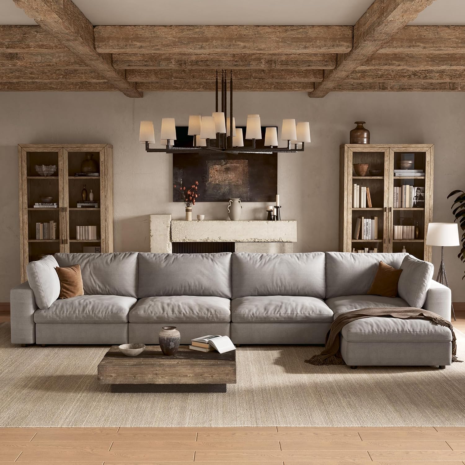 110'' Cloud Sectional Couch with Washable Cover, Deep Seat Modular Sectional Sofa for Living Room, Oversized Sectional Couch with Throw Pillow and Storage Ottoman, 3Seater L Shaped, Off White