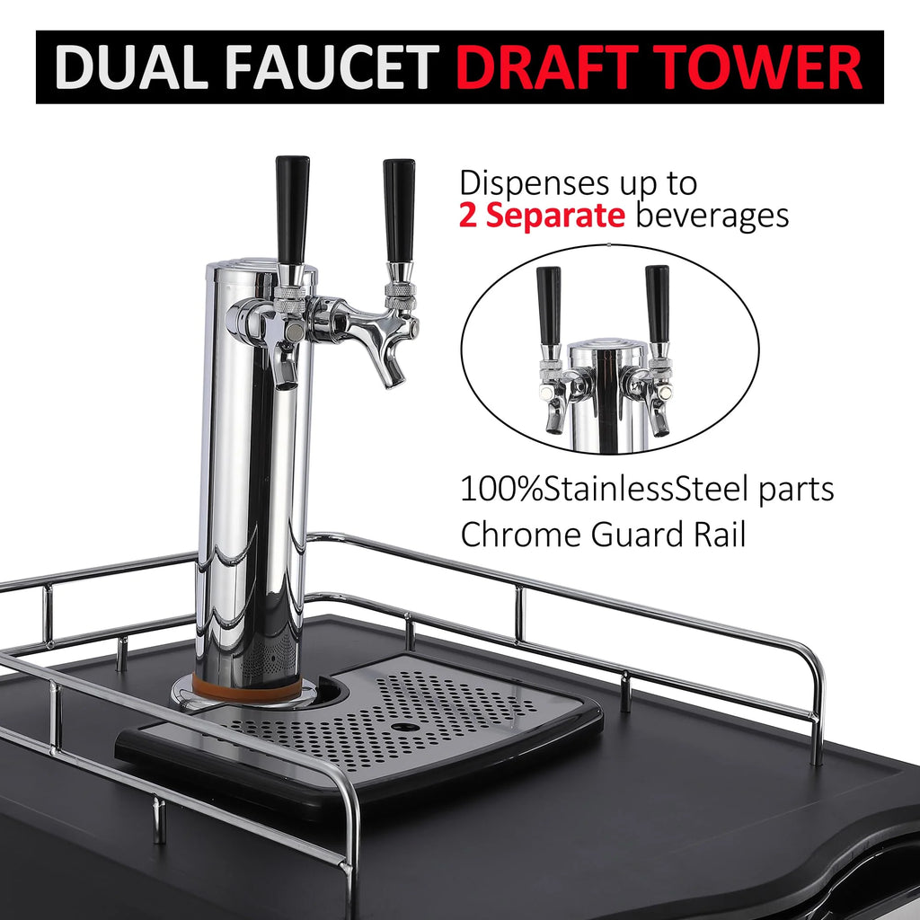 Beer Kegerator, Dual Tap Draft Beer Dispenser, Full Size Stainless Steel Keg Refrigerator With Drip Tray, CO2 Cylinder, 32掳F- 50掳F Temperature Control, 170L