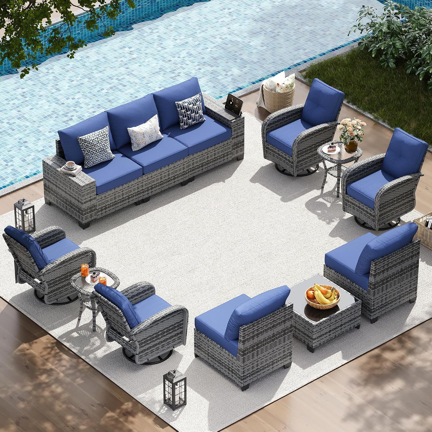 13 PCS Patio Furniture Set with 44'' Fire Pit Table, Outdoor Sectional All Weather Wicker Conversation Set with Swivel Rocker Chairs, 4'' Thick Cushions for Backyard Poolside(Navy/Grey)