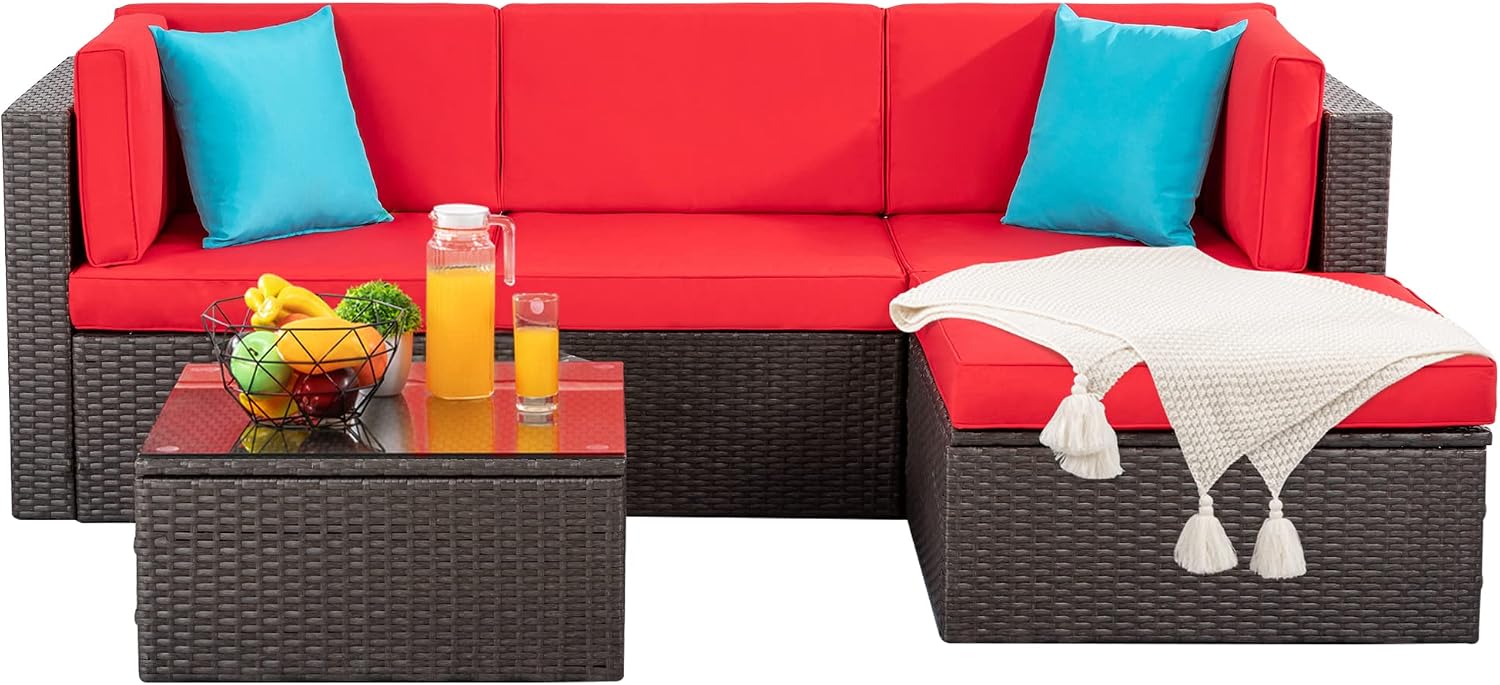 7 Pieces Patio Furniture Sets Outdoor All Weather Sectional Patio Sofa Set PE Rattan Manual Weaving Wicker Patio Conversation Set with Glass Table&Ottoman Cushion and Red Pillows, Beige